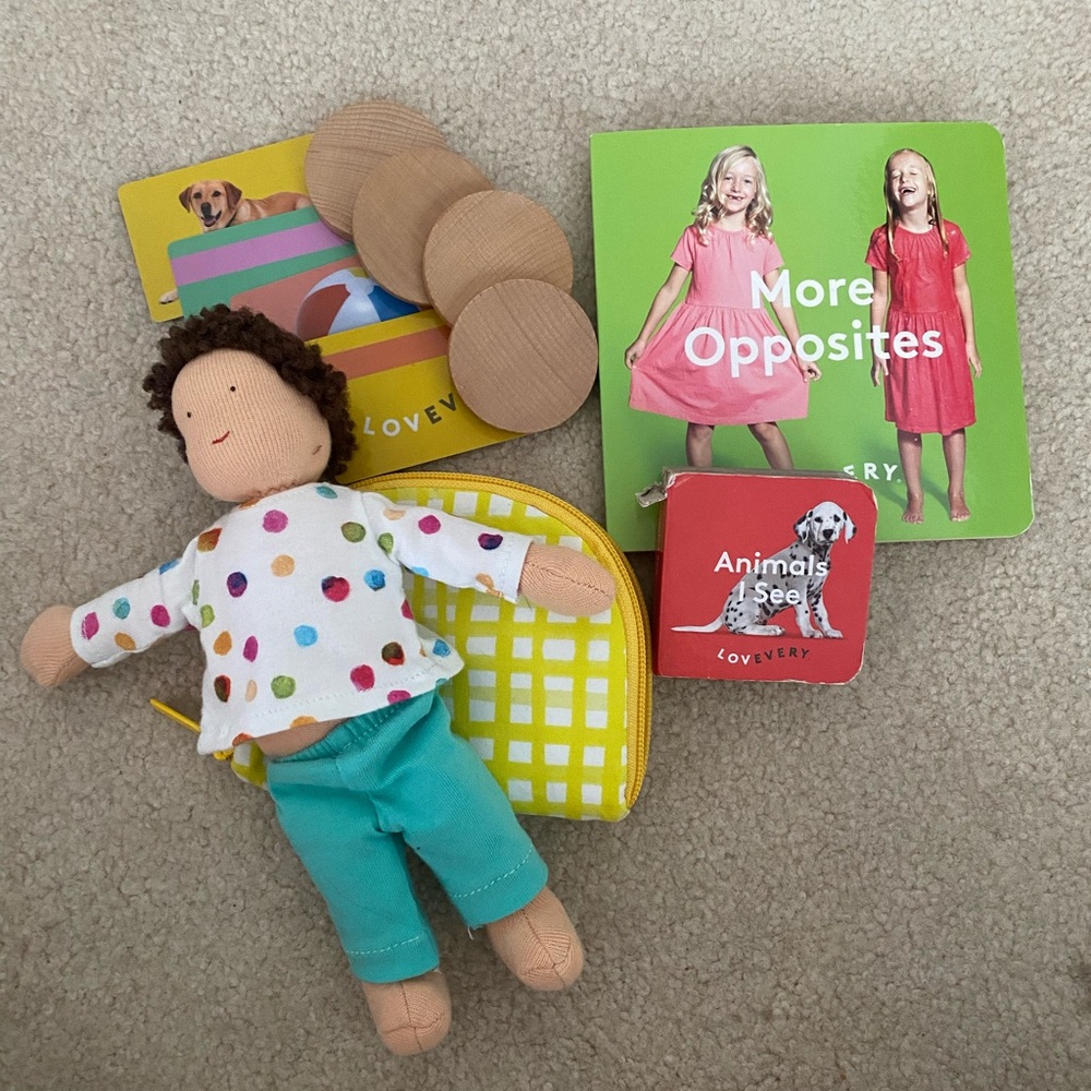 Doll, Wallet w/ cards and coins, Opposite Book & Tiny Animals Book